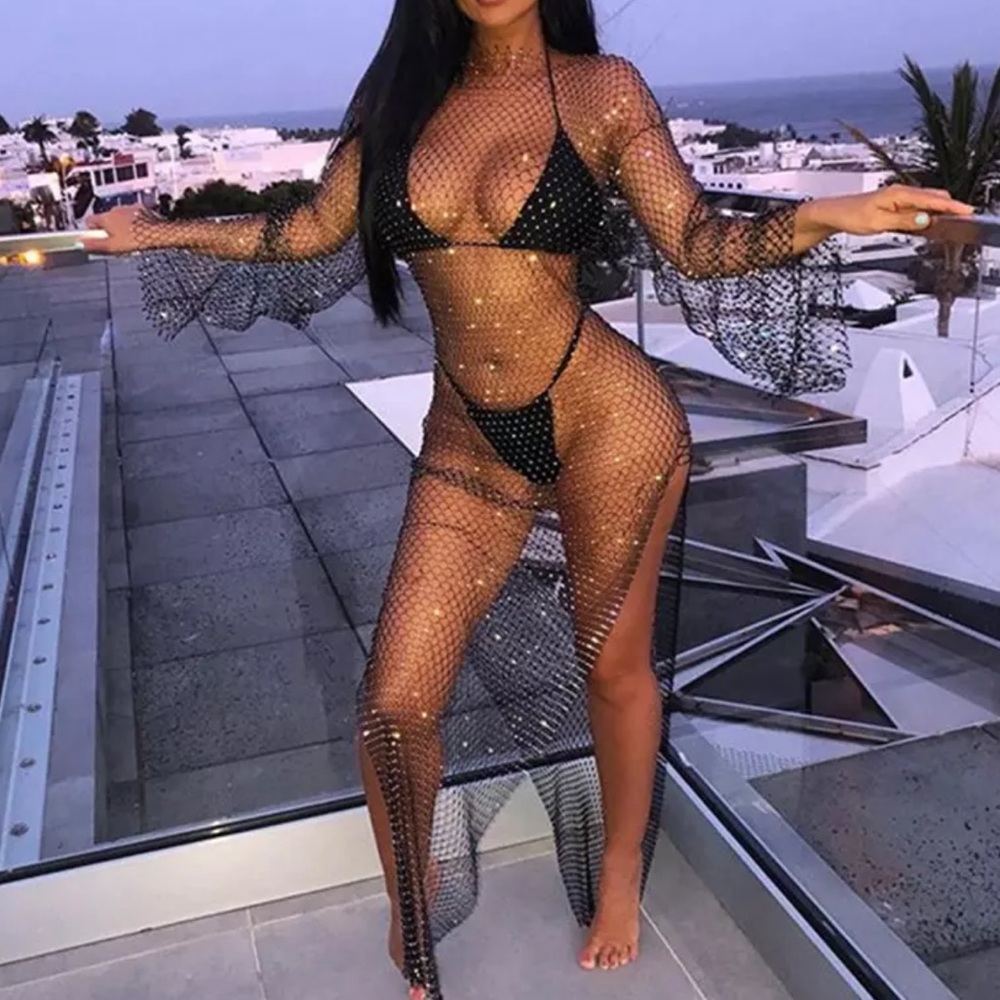 Diamanté crystal rhinestone fishnet mesh dress